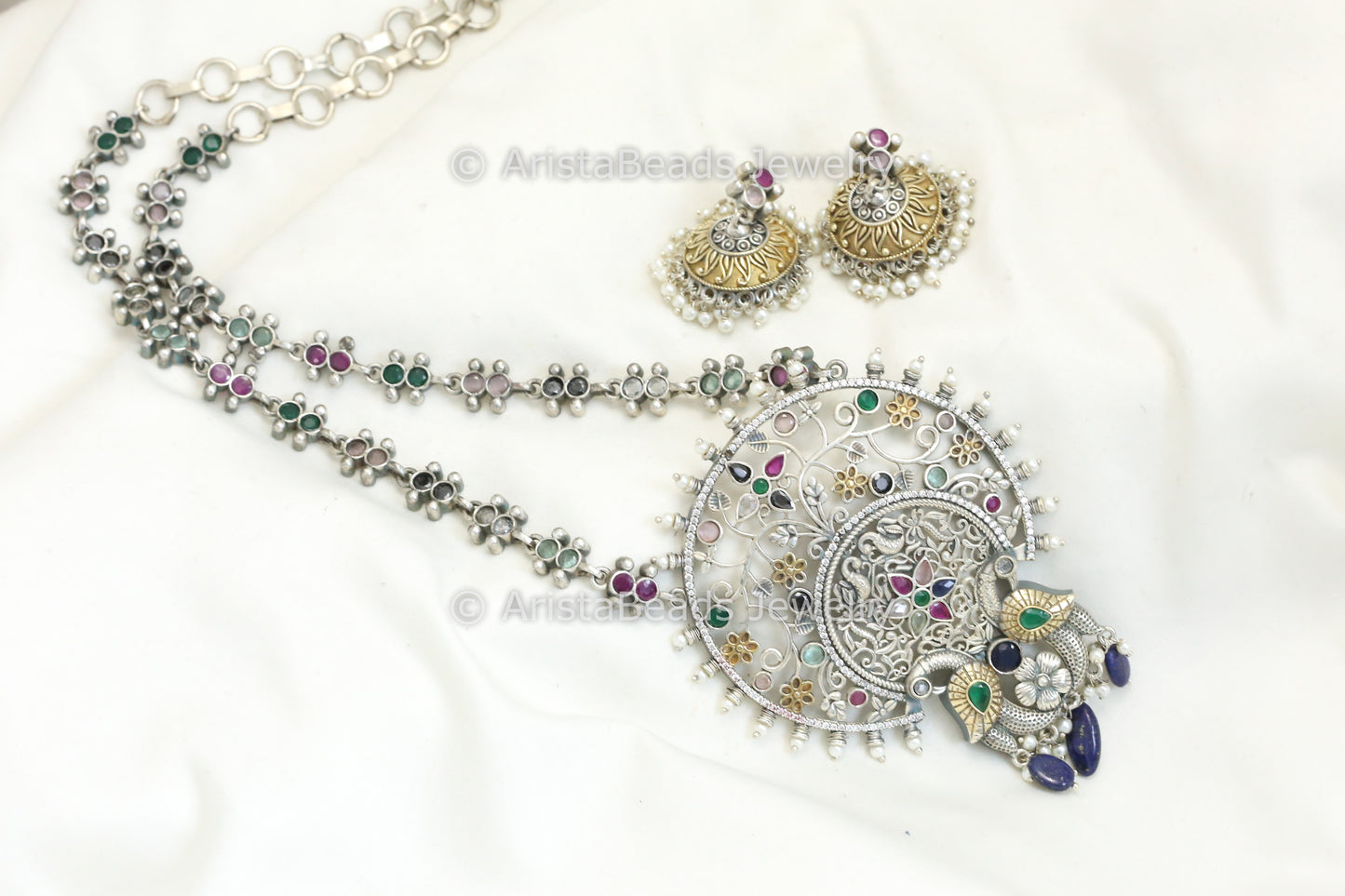 Swati Dual Tone Long Necklace Set - Multi