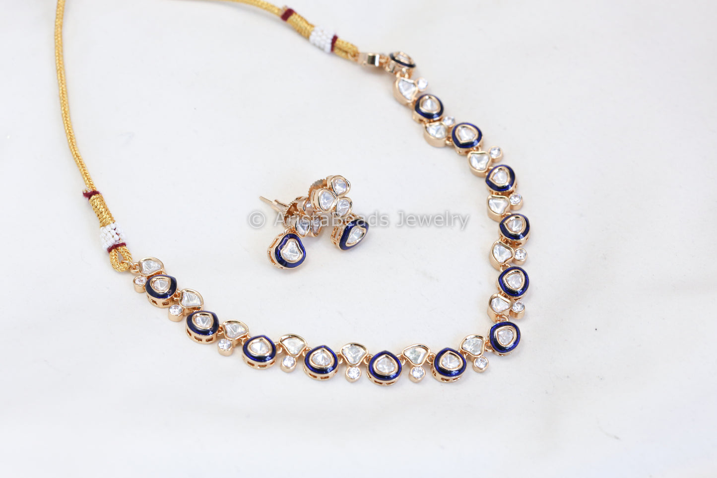 Dainty Uncut Polki & Enamel Necklace Set