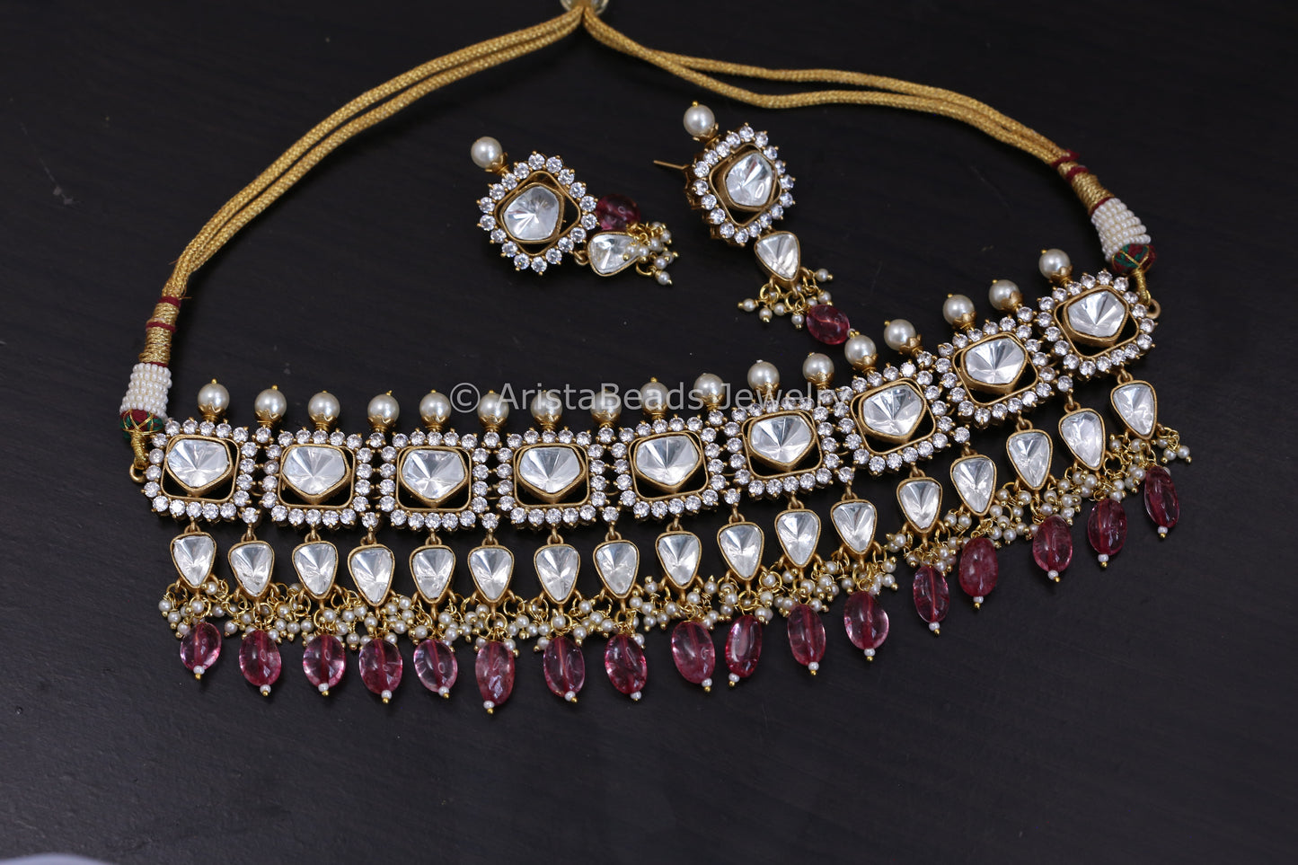 Uncut Kundan Polki Set - Pink Gemstone Drops
