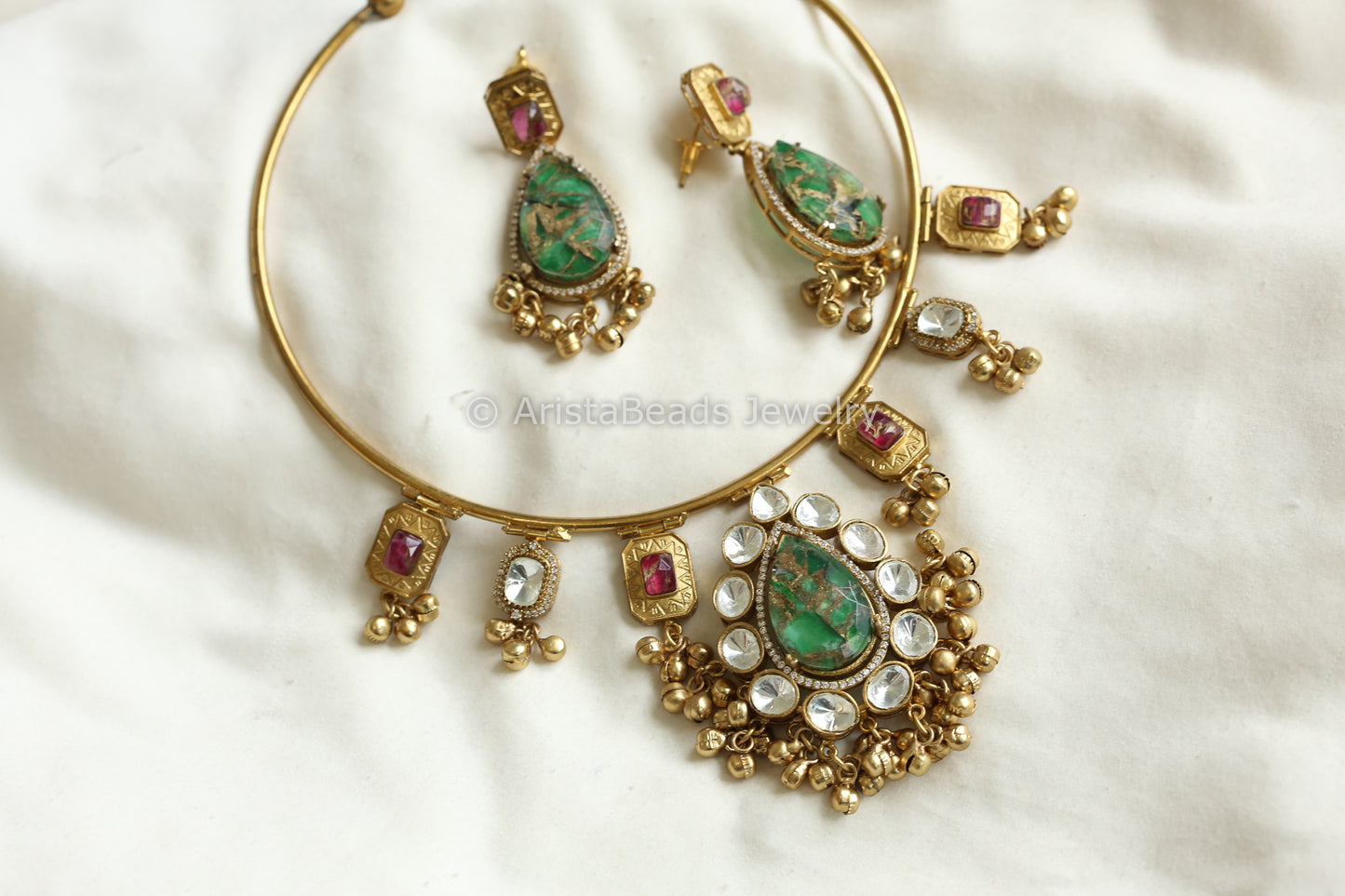 Premium Mosaic Doublet & Uncut Kundan Hasli Set (103-23)