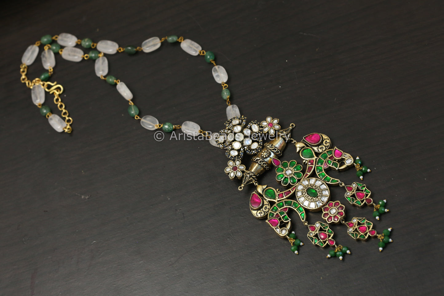 Fusion Jadau Kundan & Moissanite Necklace - Rose Quartz