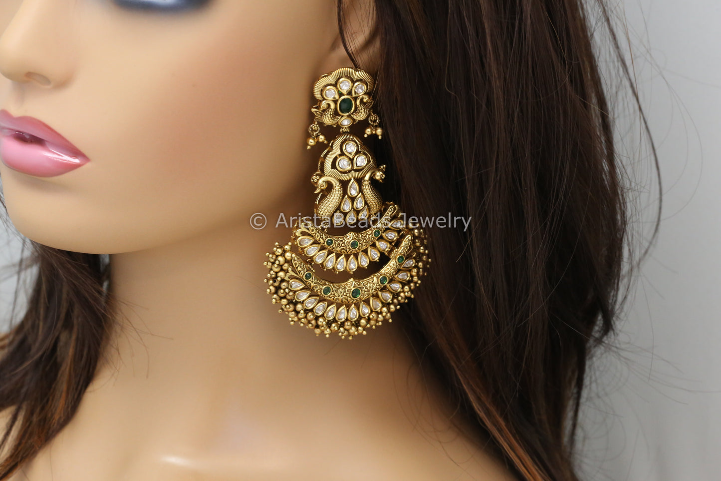 Matt Gold Polki Kundan Chandbaali - Green