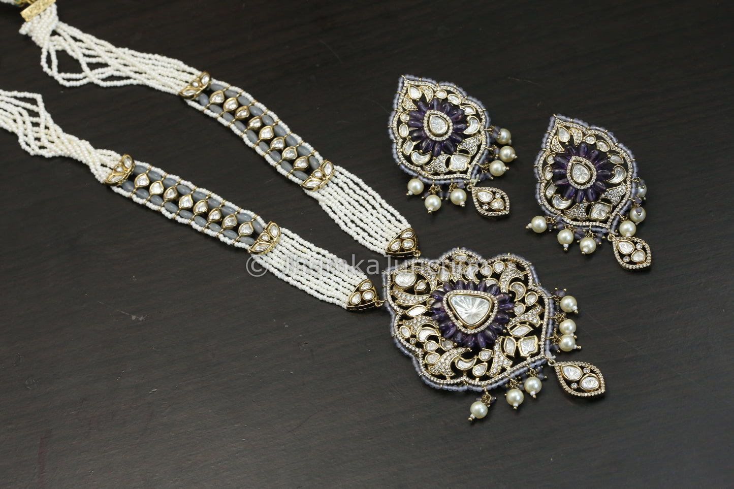 Lavender Pota Stone & Uncut Kundan Necklace Set (102-06)