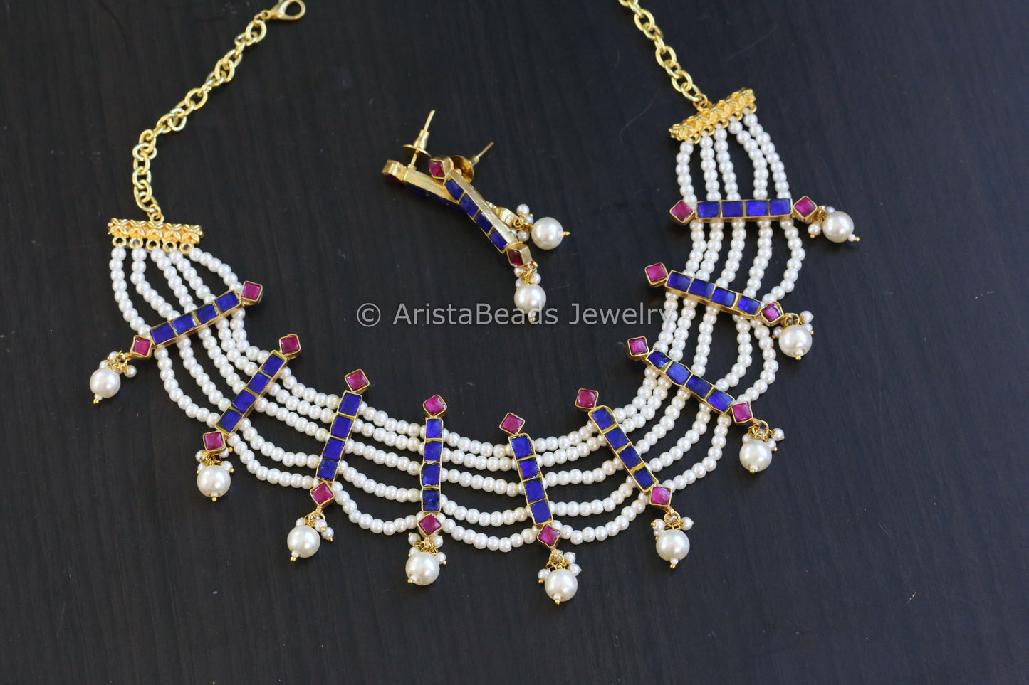 Kundan Jadau Pearl Necklace Set - Blue