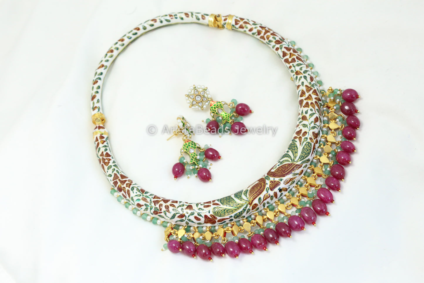Handcrafted Rajwada Meenakari Kundan Hasli Set - Green