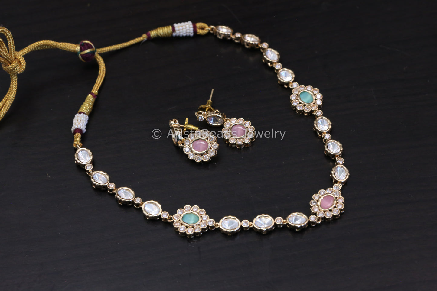 Dainty Pink Mint Uncut Polki Set (102-32)