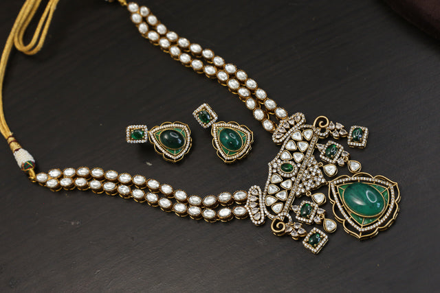 Victorian Moissanite Look Polki & Pota Doublet Set - Green