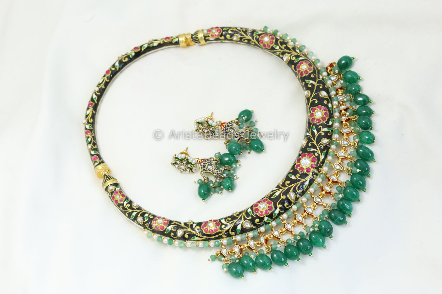 Handcrafted Rajwada Meenakari Kundan Hasli Set - Black