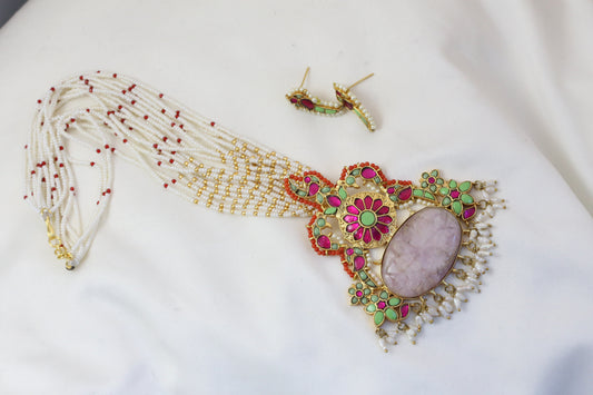 Jadau Kundan Fusion Pendant Set - Rose Quartz
