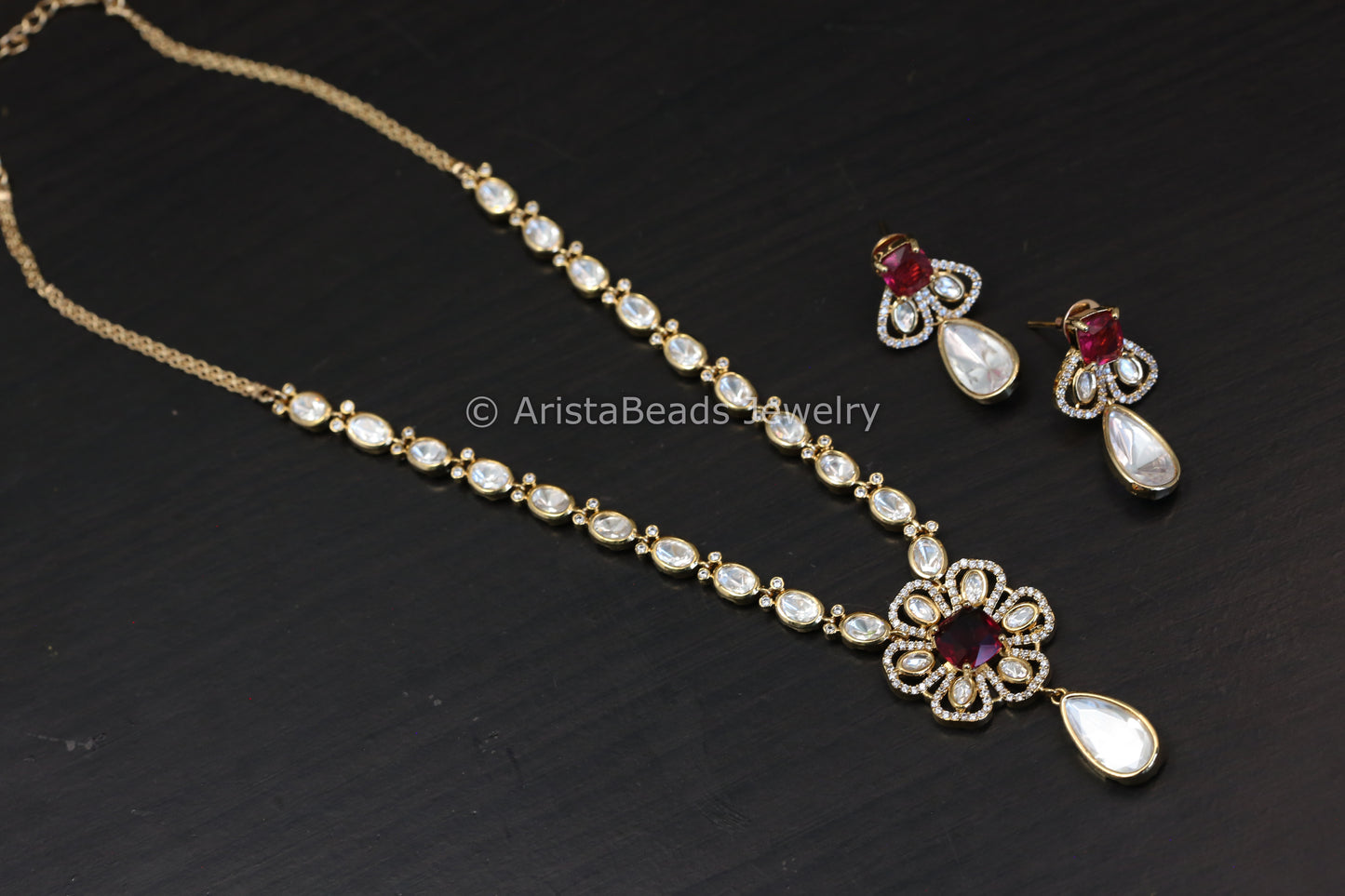 Dainty Uncut Polki Kundan Set - Red