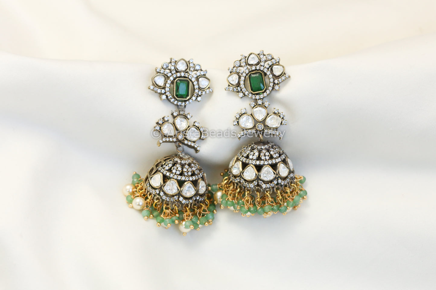 Silver Look Alike Victorian Polki Jhumka - Green