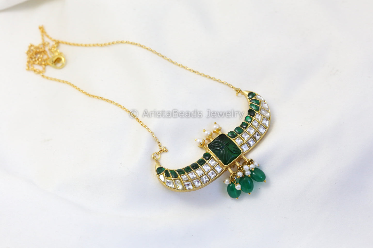 Contemporary Dainty Jadau Necklace - Green