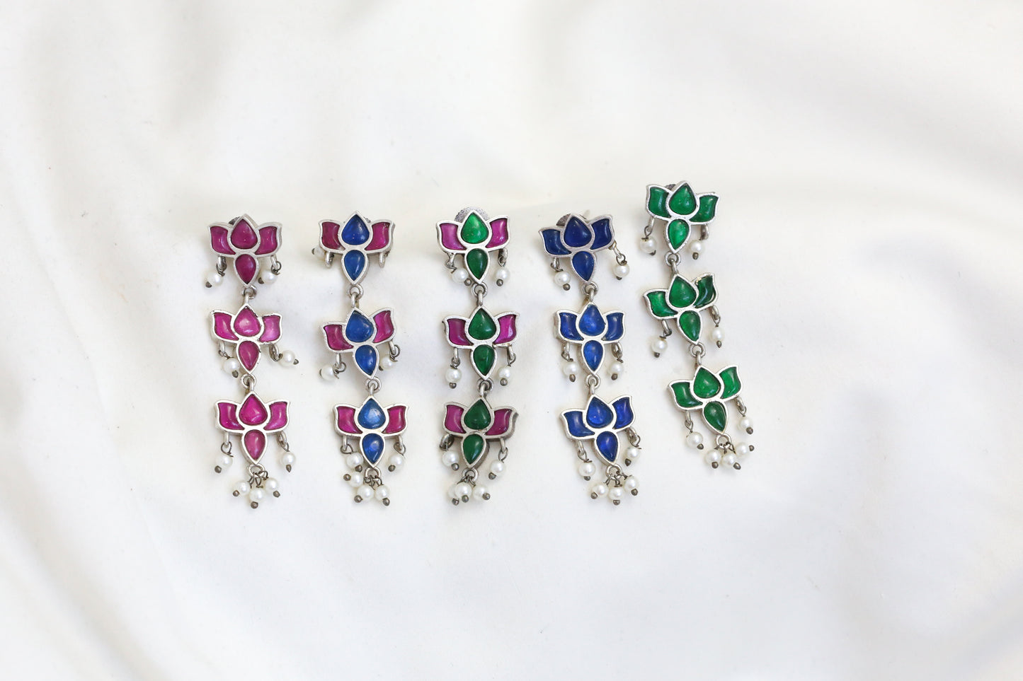Silver Tone Kundan & Pearls Lotus Earrings