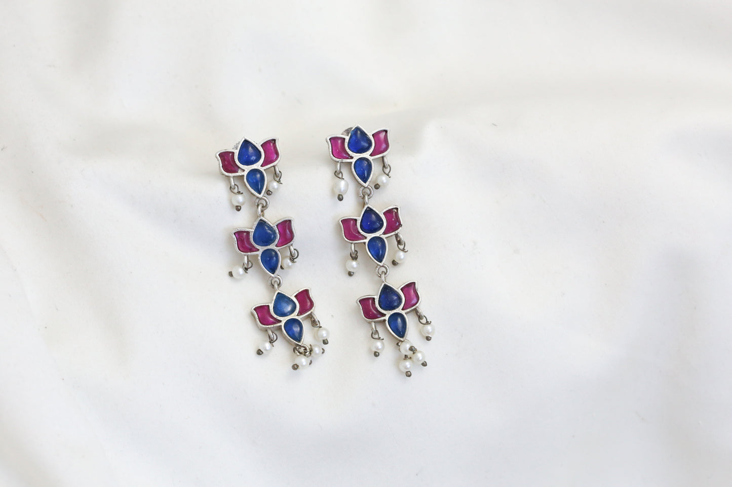 Silver Tone Kundan & Pearls Lotus Earrings