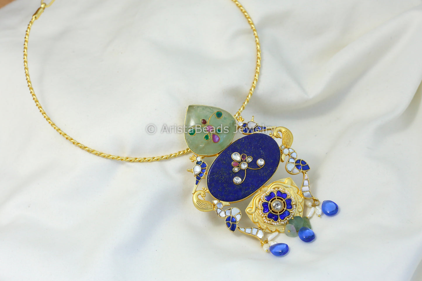 Handmade Jadau Kundan Hasli Necklace - Fluorite Lapis
