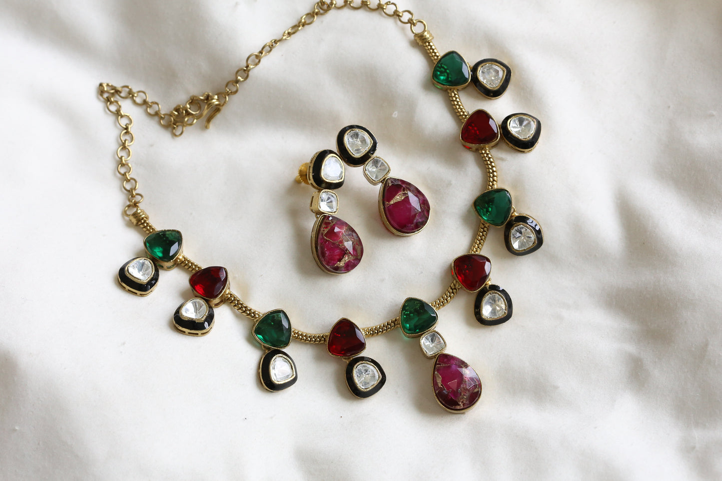 Polki Kundan, Enamel & Marble Doublet Set - Red Green (103-16)