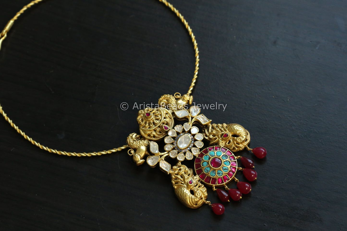 Turquoise Ruby Jadau & Moissanites Fusion Hasli Necklace