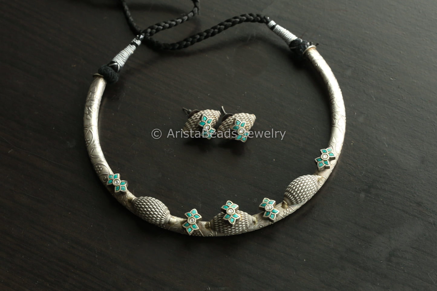 Jadau Silve Finish Hasli Set - Turquoise