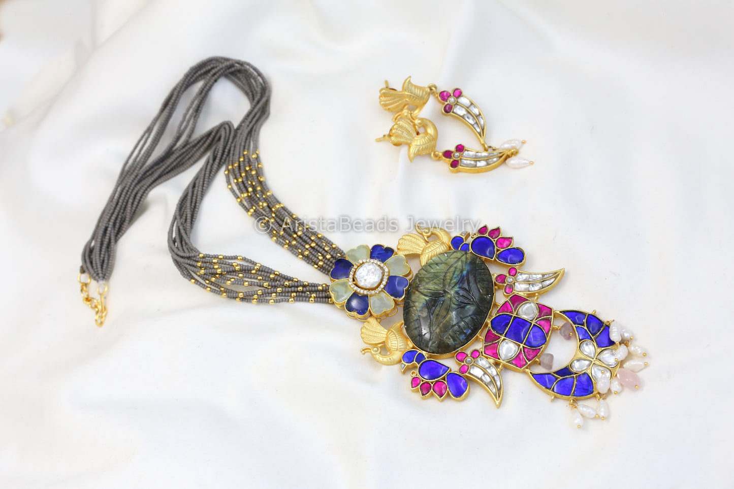 Next To Real Silver Jadau & Labradorite Pendant Necklace Set