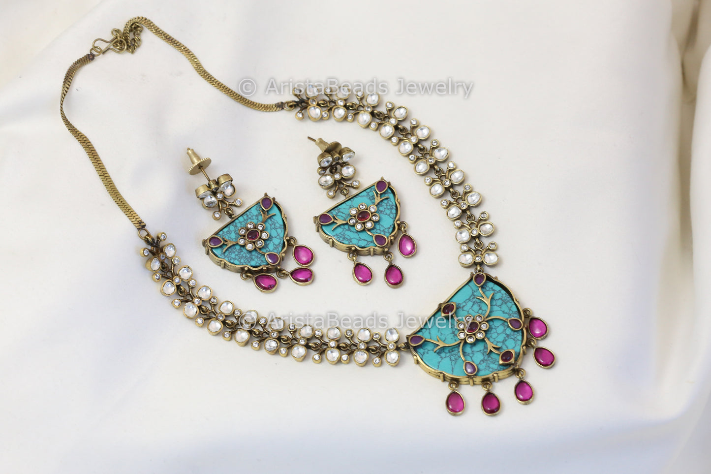 Victorian Finish Turquoise Polki Kundan Set