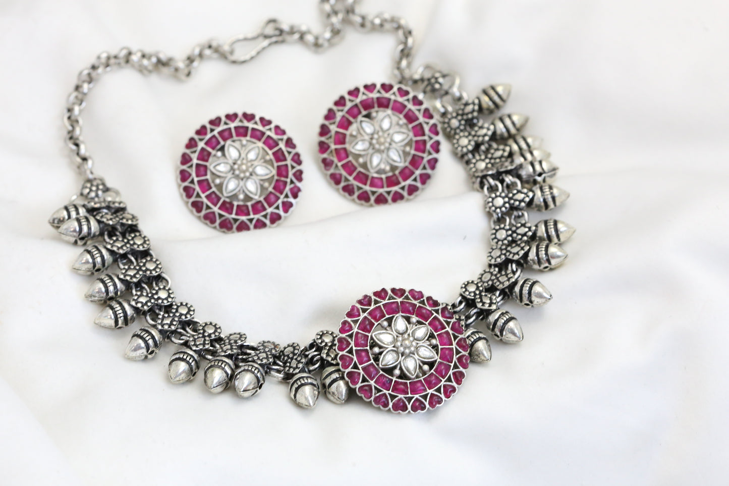 Kemp Kundan Oxidized Necklace Set - Ruby
