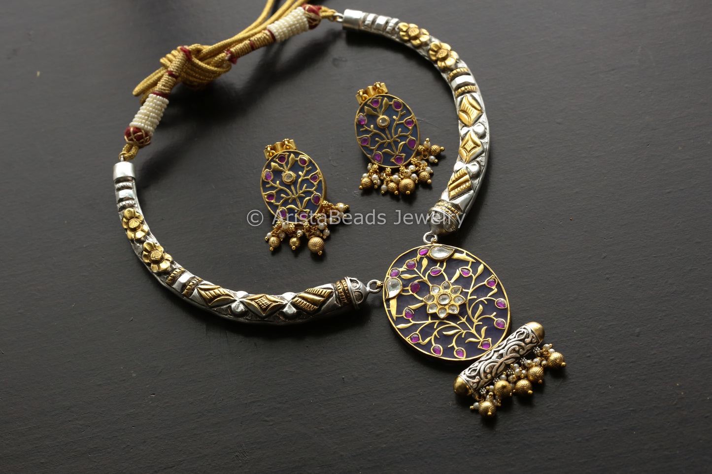 Silver Look Alike Inlay Kundan Hasli Set - Purple