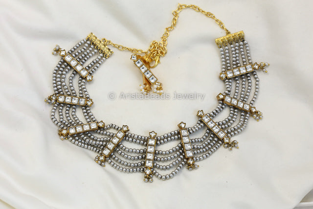 6 Line Gray Pearls & Jadau Kundan Set (104-10)