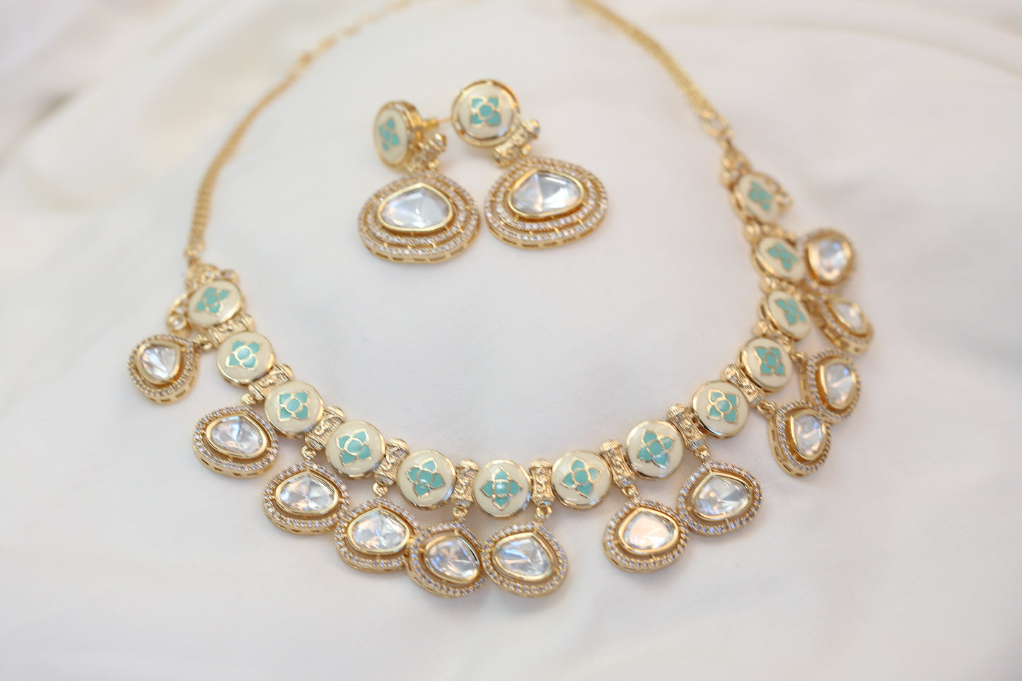 Uncut Polki & Teal Enamel Set (102-91)