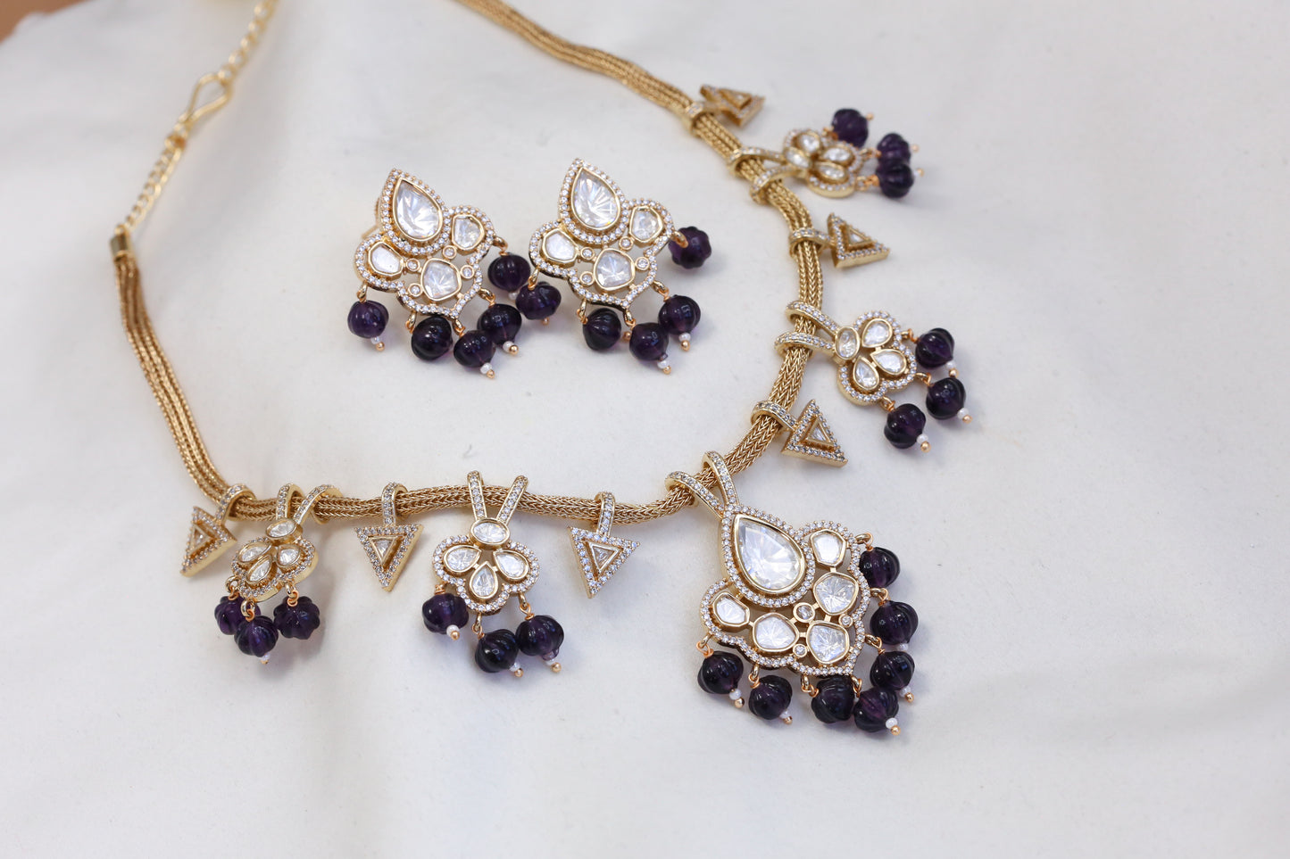 Contemporary Polki Uncut Kundan Set - Dark Burgandy