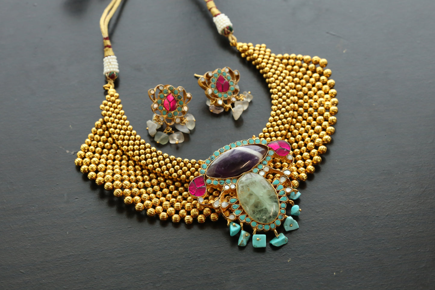 Gold Beaded Fusion Kundan Work Necklace Set