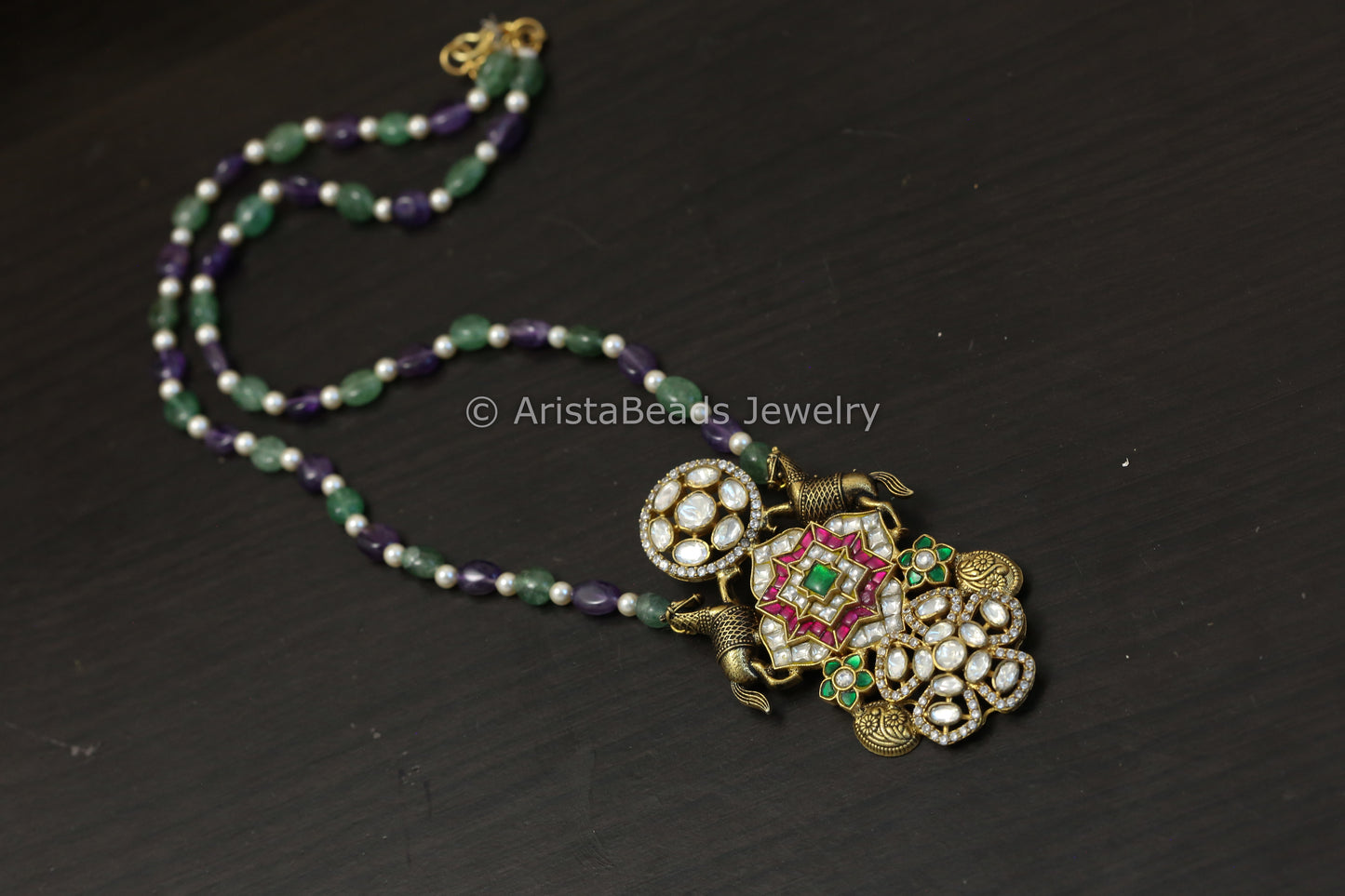 Fusion Jadau & Moissanite Necklace - Aventurine & Amethyst Beads
