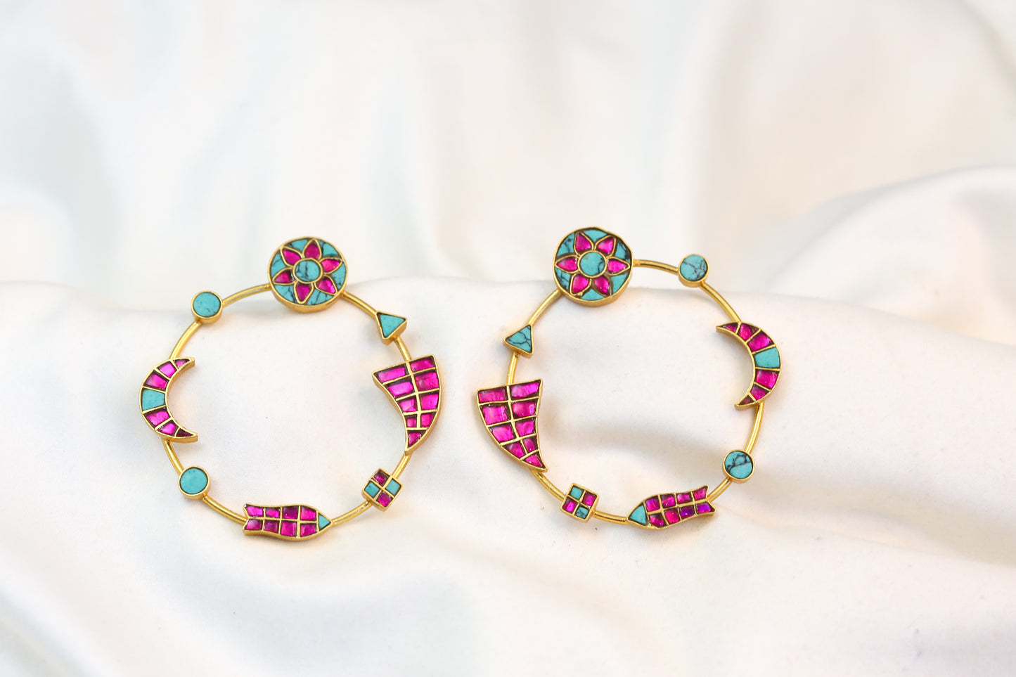 Contemporary Jadau Kundan Chandbaali - Ruby Turquoise(101-35)