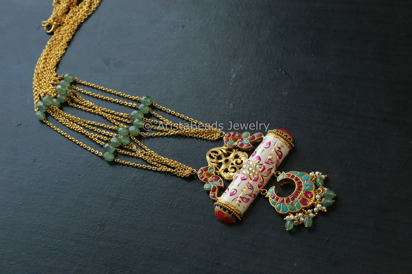 Jadau Kundan Meenakali Tabeez Necklace - Turquoise  & Ivory