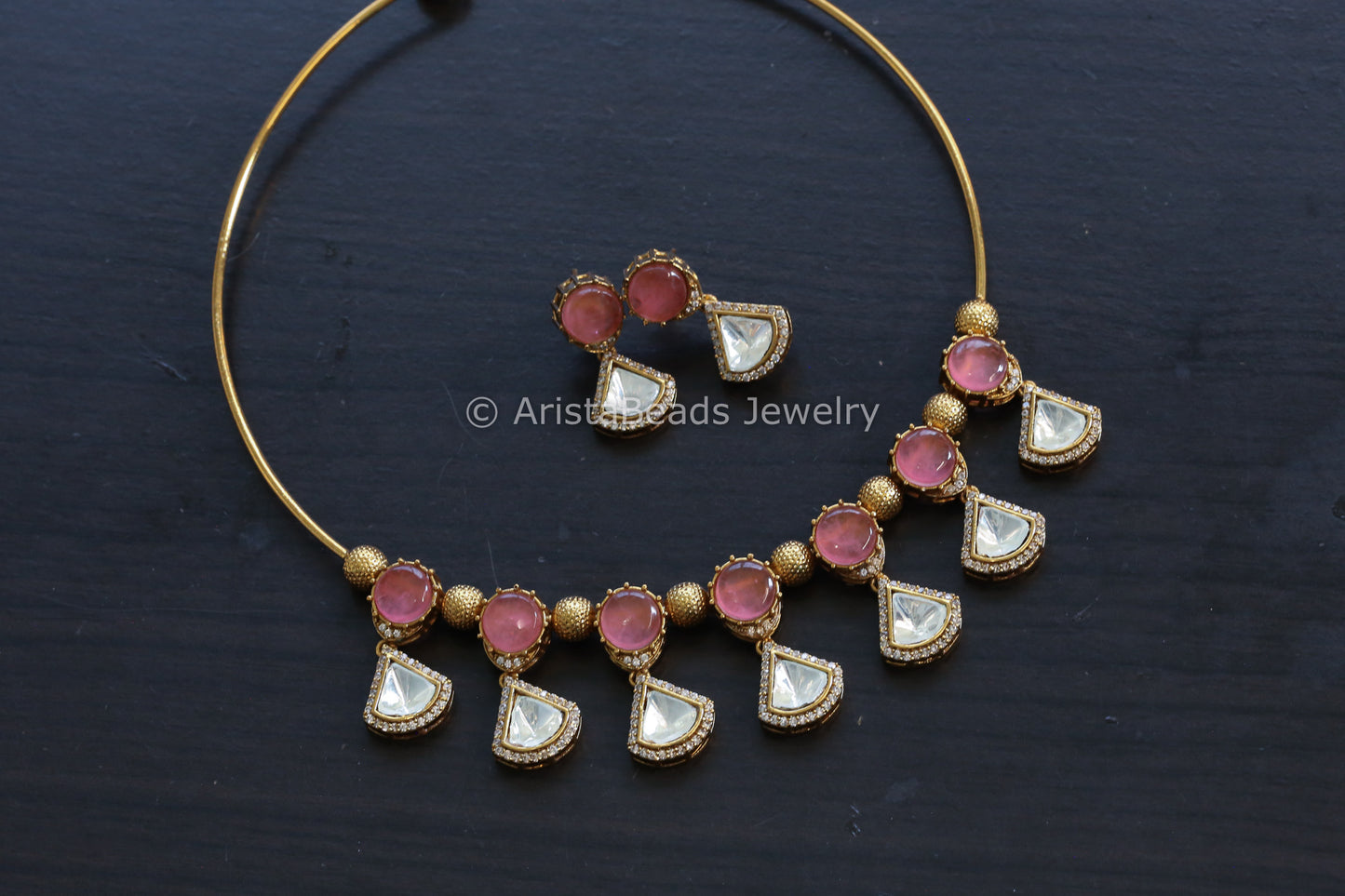 Pink Pota Doublet Stone & Polki Hasli Set (102-22)