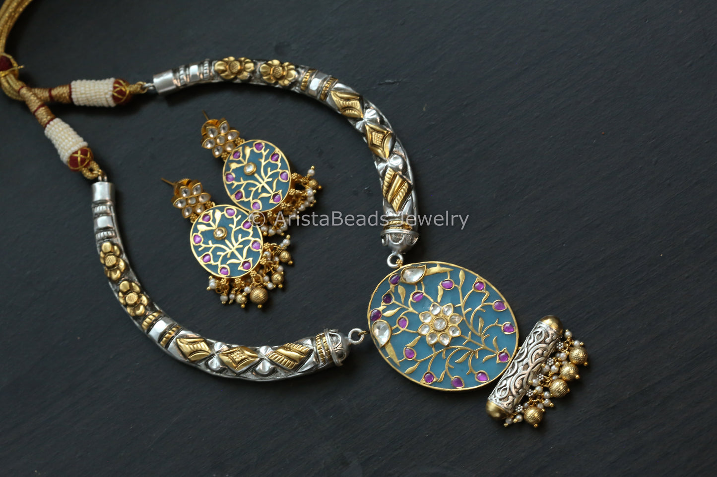 Silver Look Alike Inlay Kundan Hasli Set - Teal