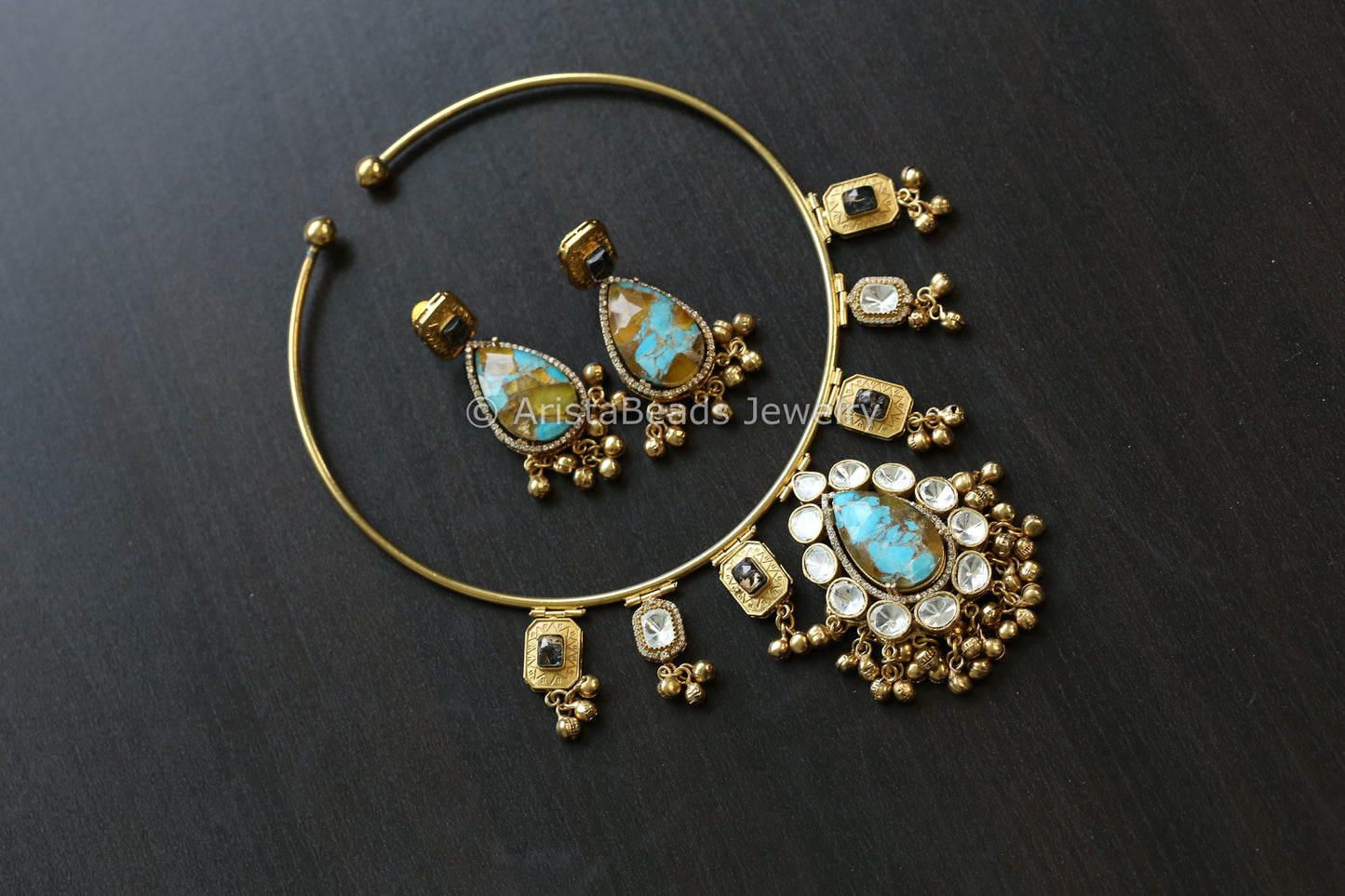 Premium Mosaic Doublet & Uncut Kundan Hasli Set (103-22)