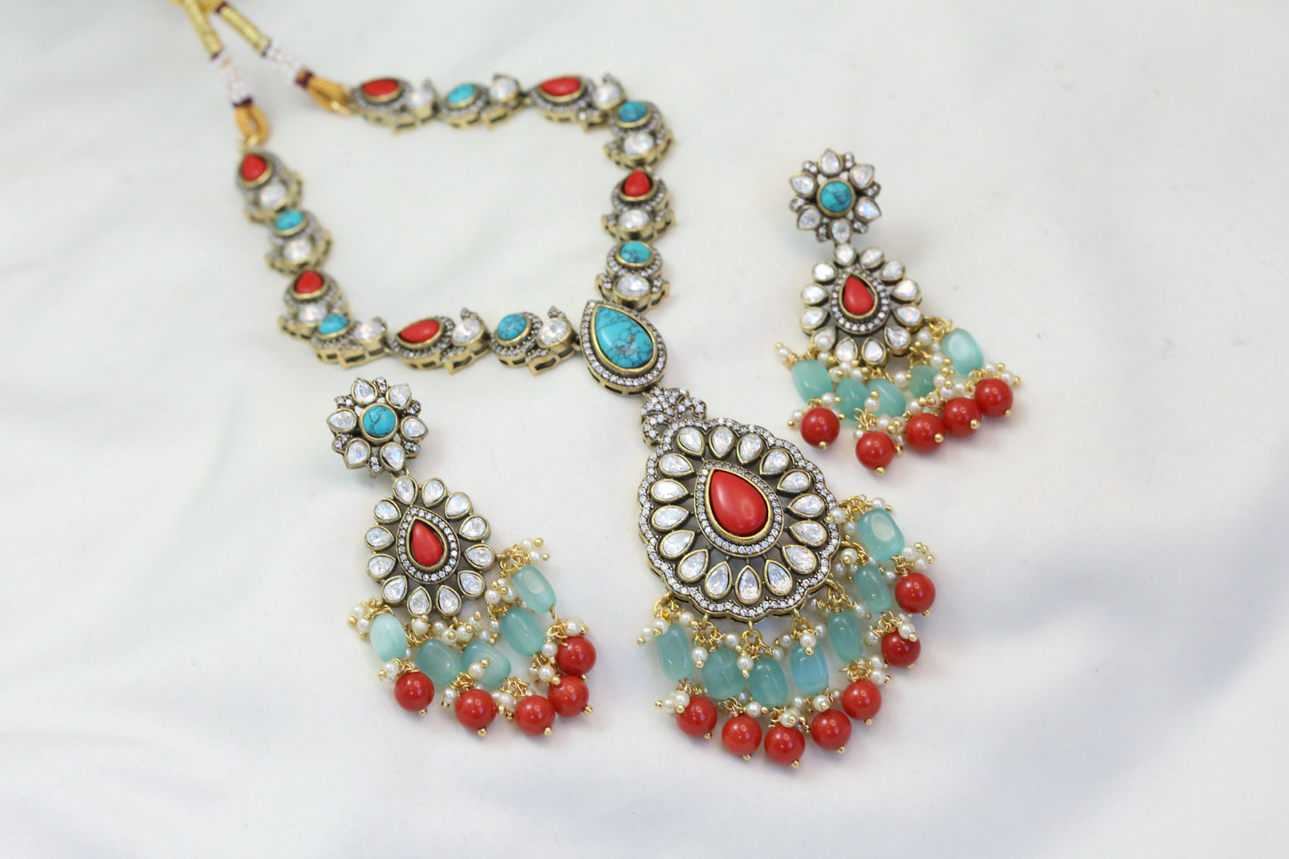 Turquoise Coral Stones & Kundan Polki Necklace Set