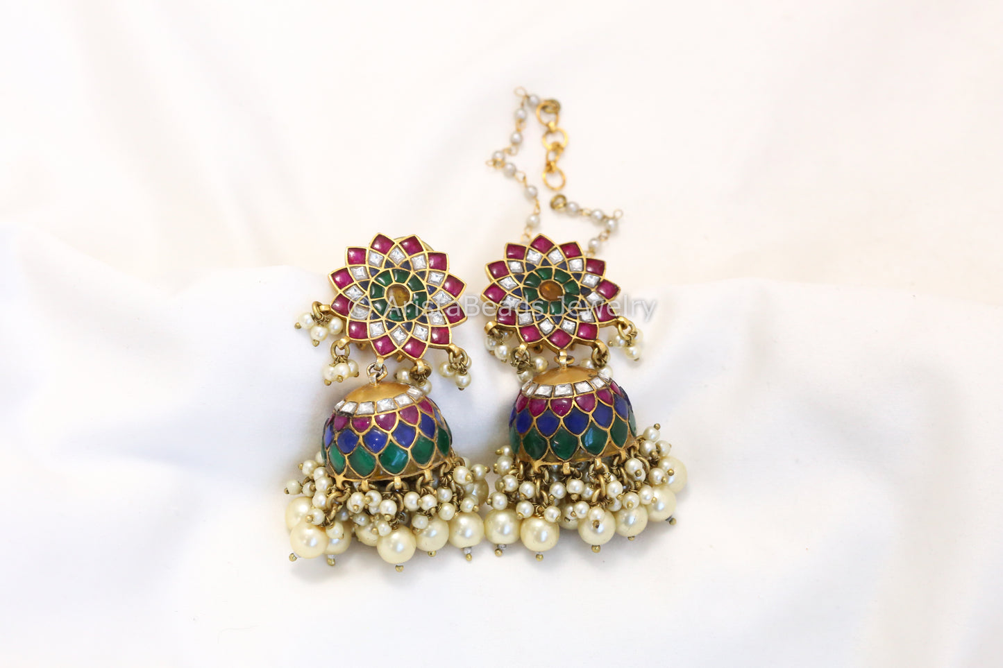 Sahana Antique Gold Jadau Kundan Jhumka - Navratan