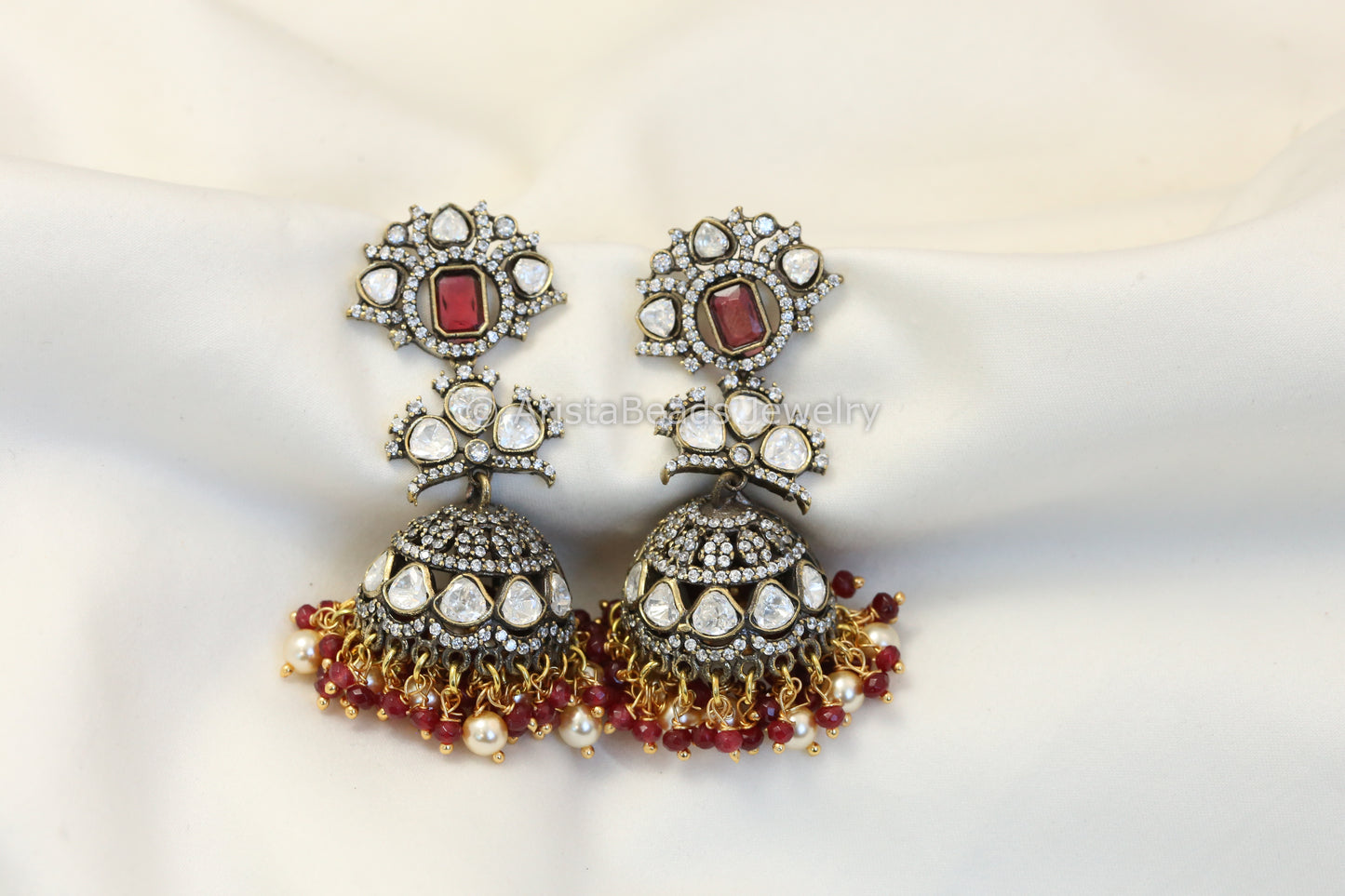 Silver Look Alike Victorian Polki Jhumka - Red