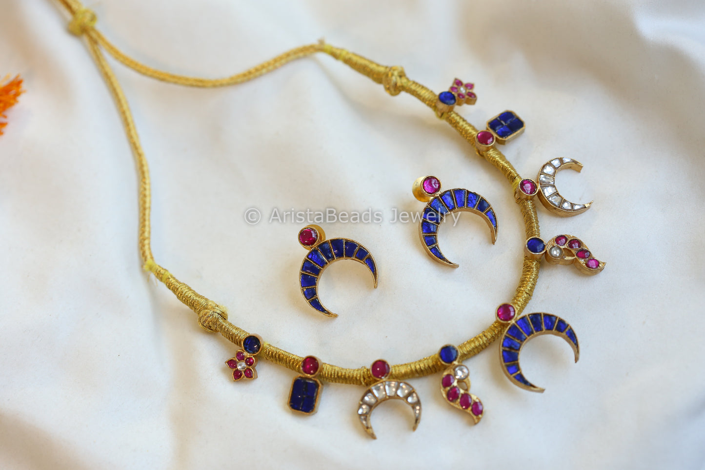 Chandrika Jadau Kundan Thread Necklace Set - Ruby Blue (103-31)