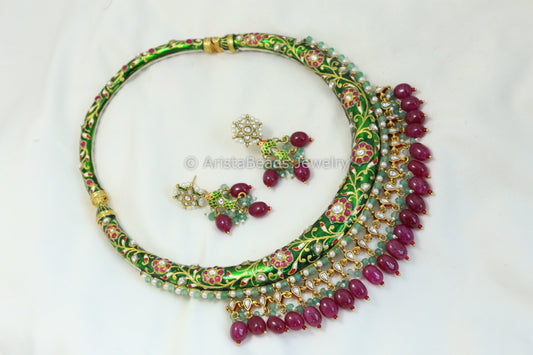 Handcrafted Rajwada Meenakari Kundan Hasli Set - Green