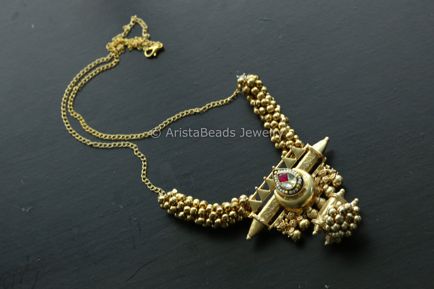Gold Ghungroo Kundan Motif Set -Ruby