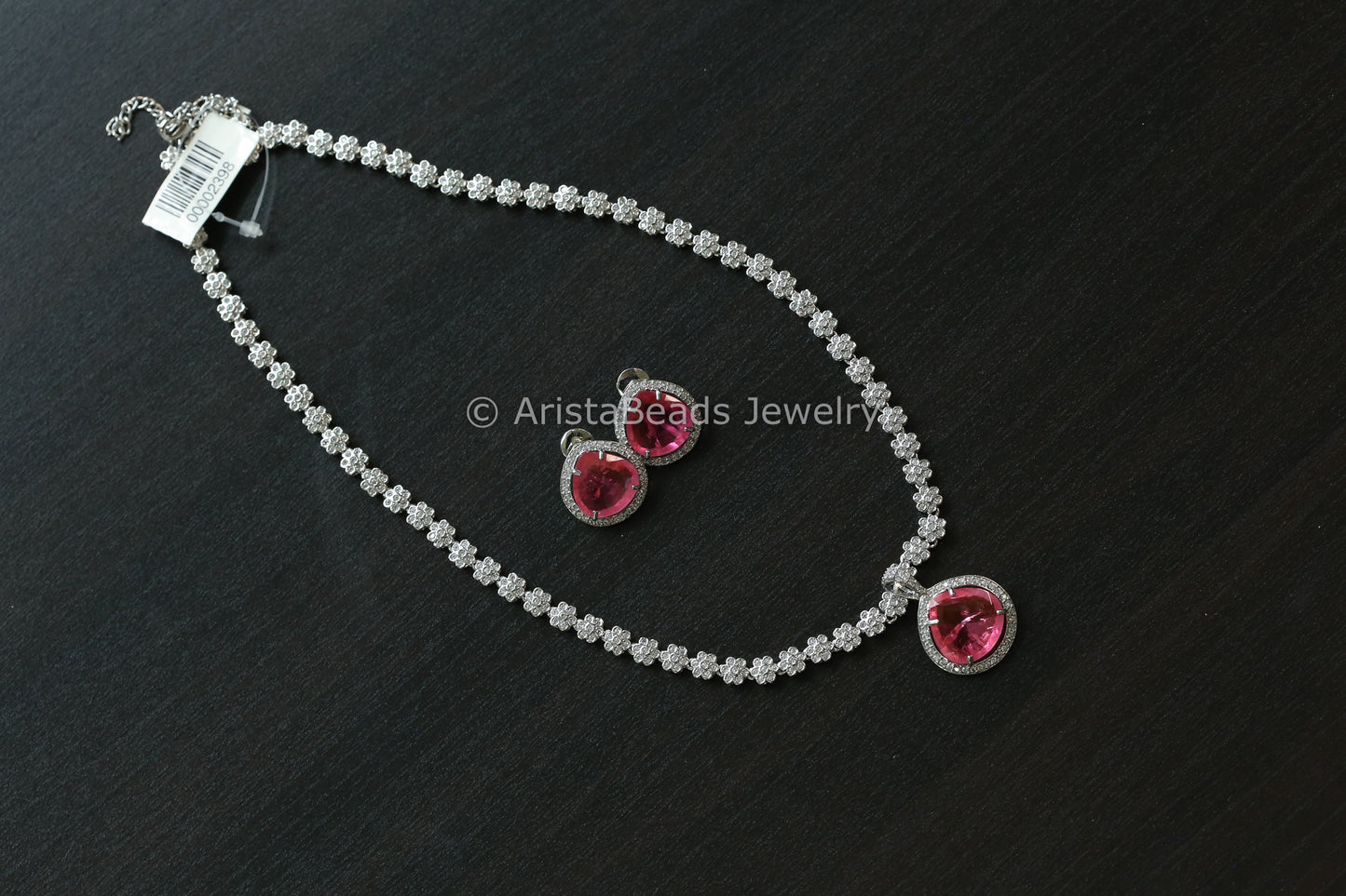 Removable Silver CZ & Pink Doublet Necklace Set (102-40)