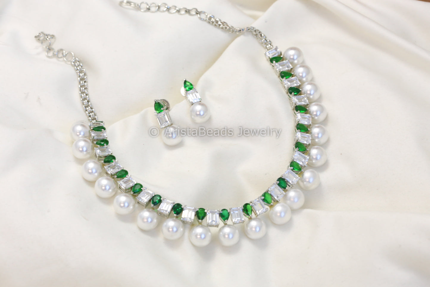 Premium Quality CZ & Pearls Necklace Set