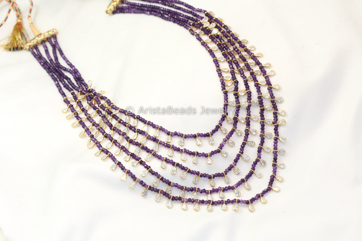5 Strand CZ Polki & Semiprecious Beaded Necklace - Purple