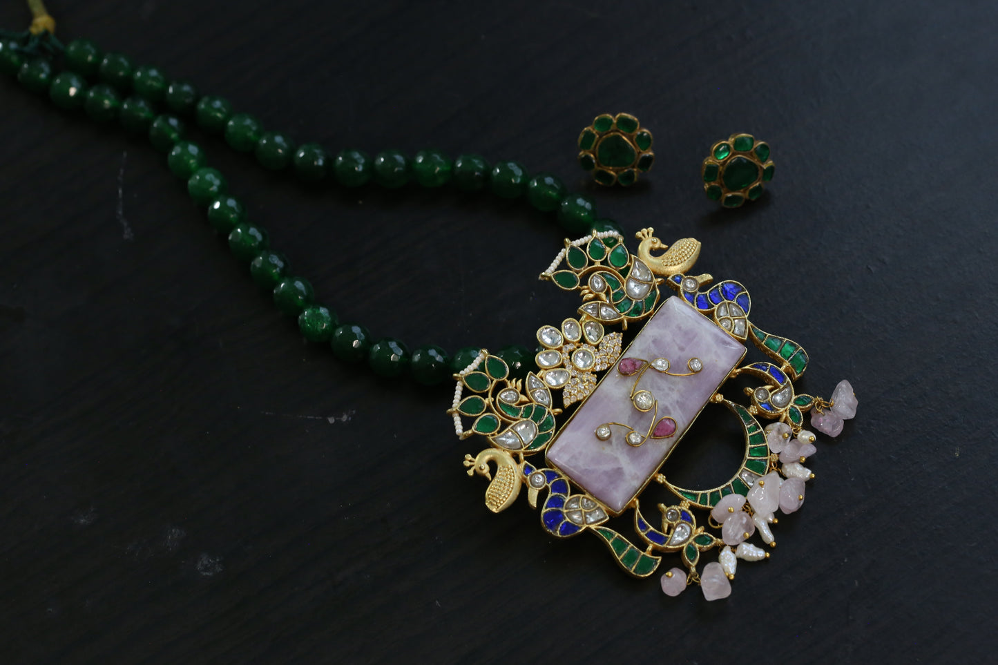 Green Blue Jadau Fusion Necklace Set