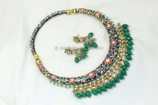 Handcrafted Rajwada Meenakari Kundan Hasli Set -Blue