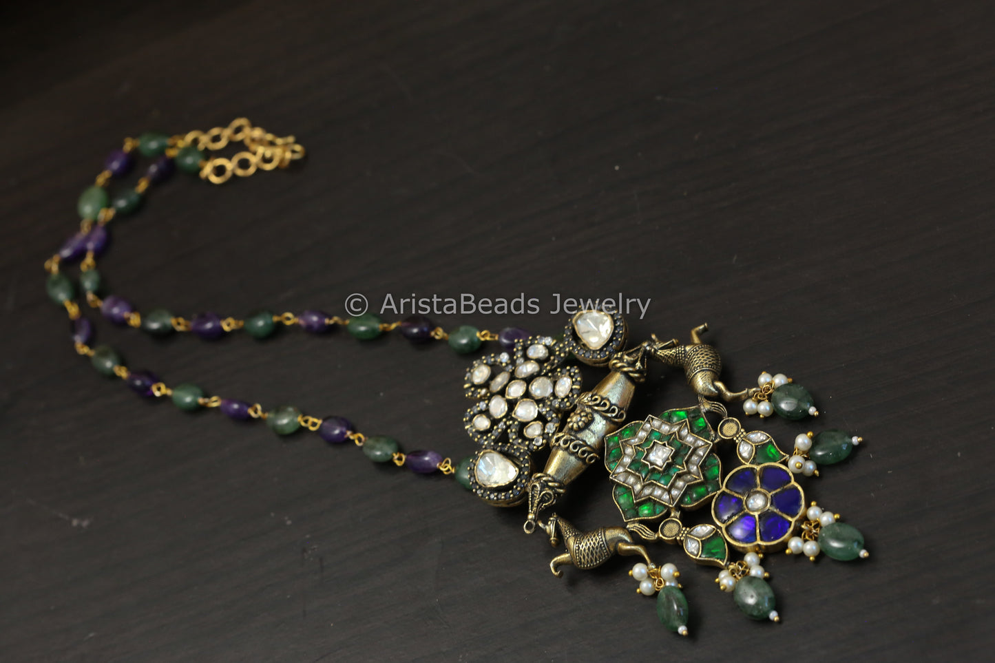 Fusion Jadau & Moissanite Necklace - Aventurine & Amethyst Beads