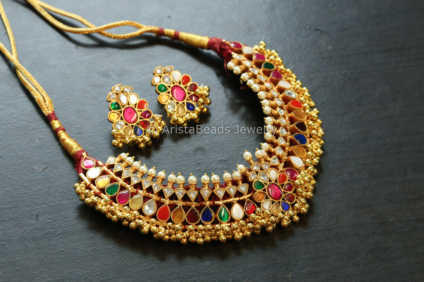 Handmade Navratana Jadau  Kundan Thusi Set