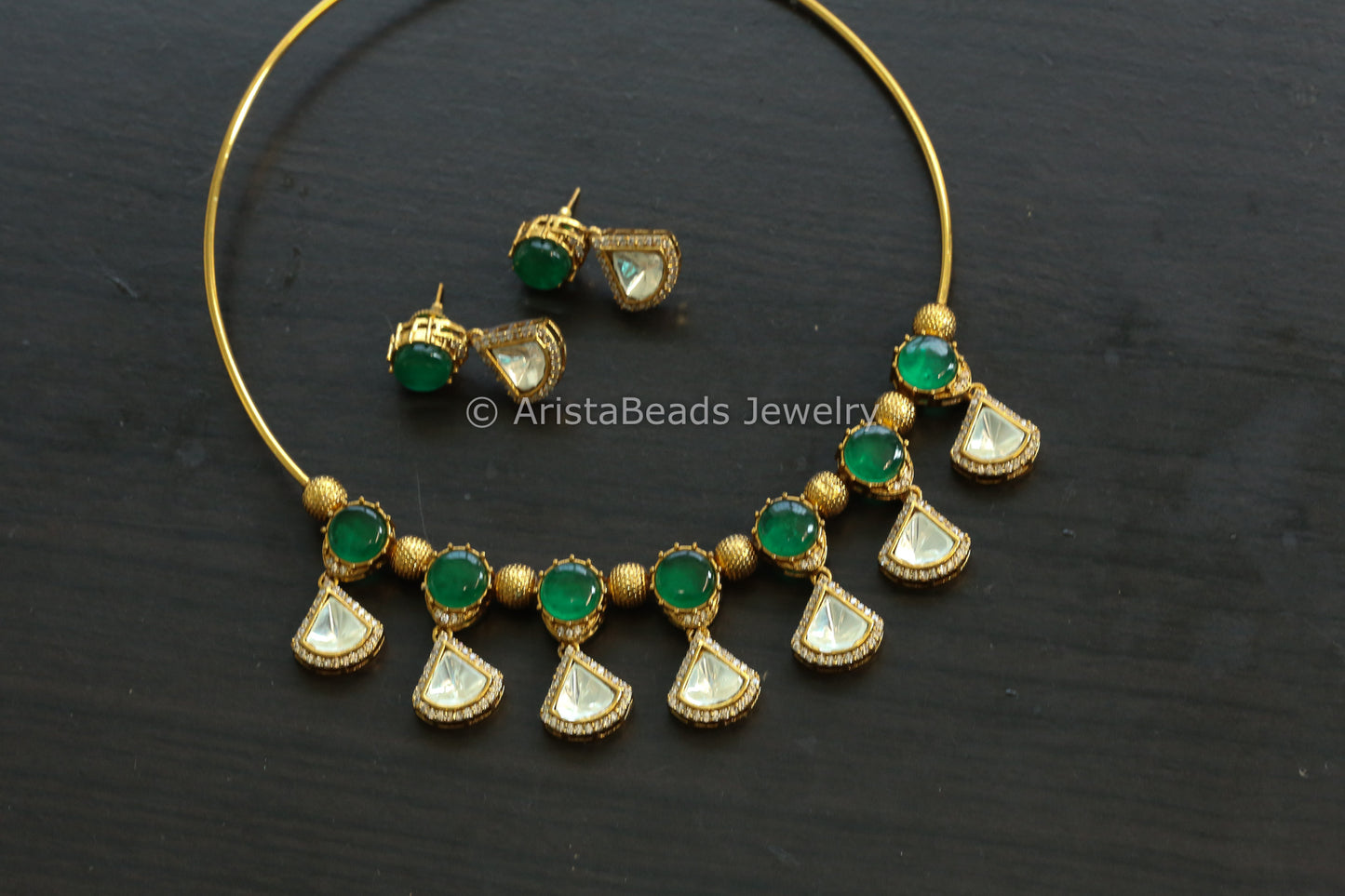 Emerald Pota Doublet Stone & Polki Hasli Set (102-23)